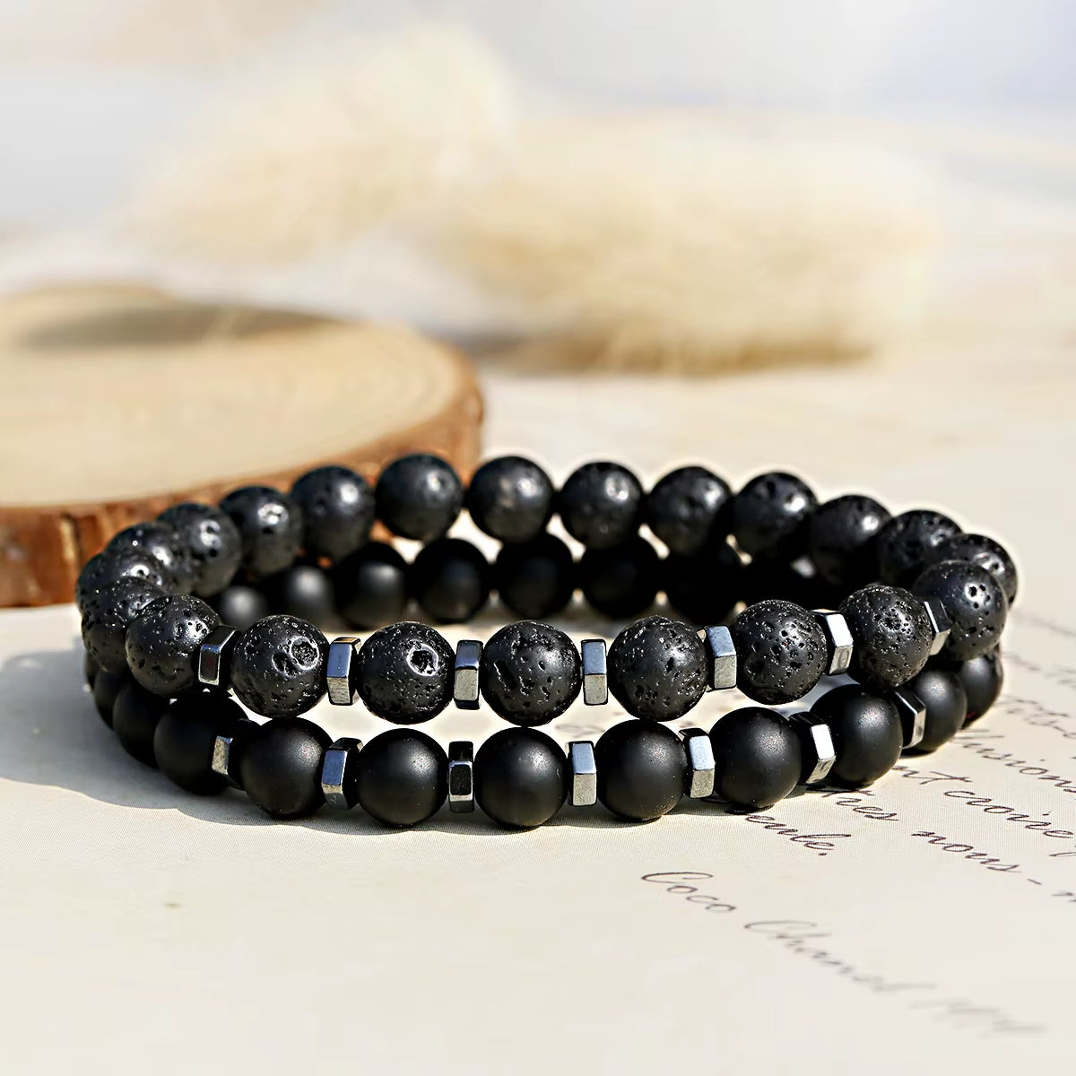Frosted Black Bead Volcanic Stone Bracelet Set