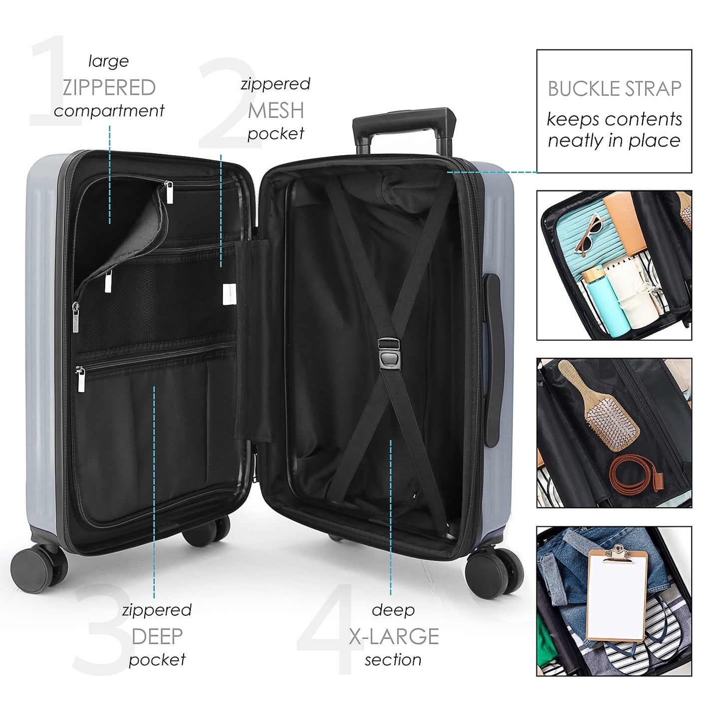 20 Inch Hardside Carry-On Expandable Luggage, Front Pocket Luggage Set Spinner Suitcase Set, Grey