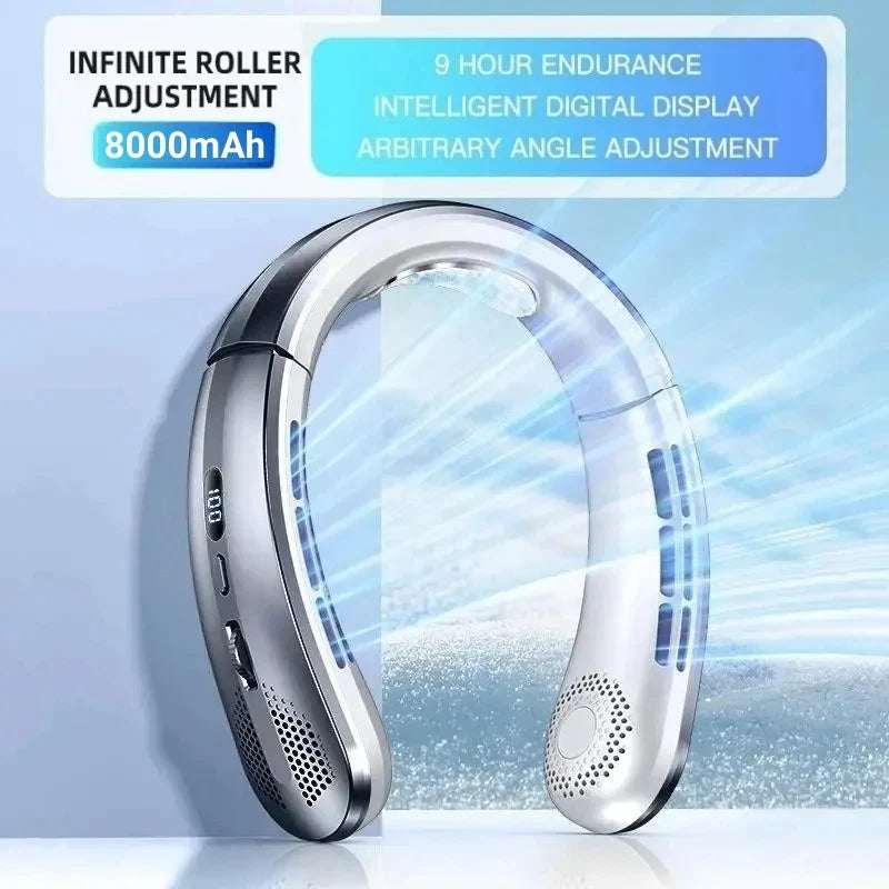 Portable Bladeless Neck Fan 8000Mah Rechargeable LED Digital Display Air Cooler