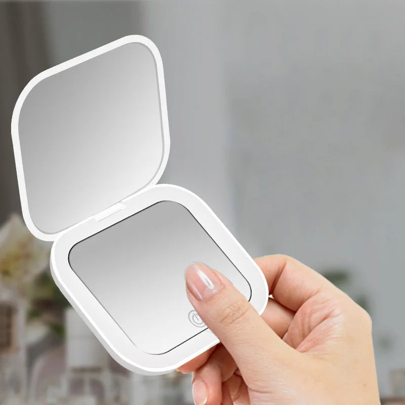 Compact Vanity Folding Led Lights Portable Hand Held Pocket Makeup Mirror 2X Magnifying