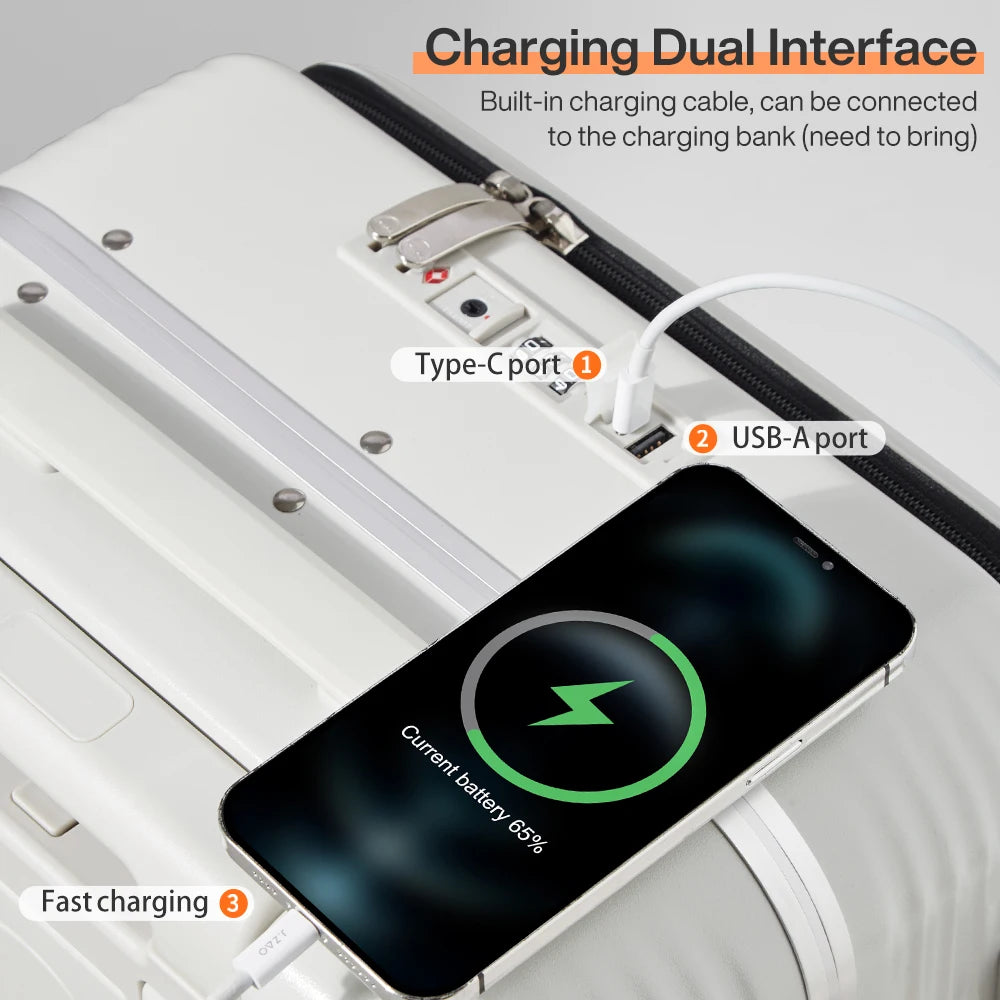 New Aluminum Frame Suitcase Carry on Rolling Luggage with USB Port Boarding Cabin Cup and Phone Holder 20 24 Inch