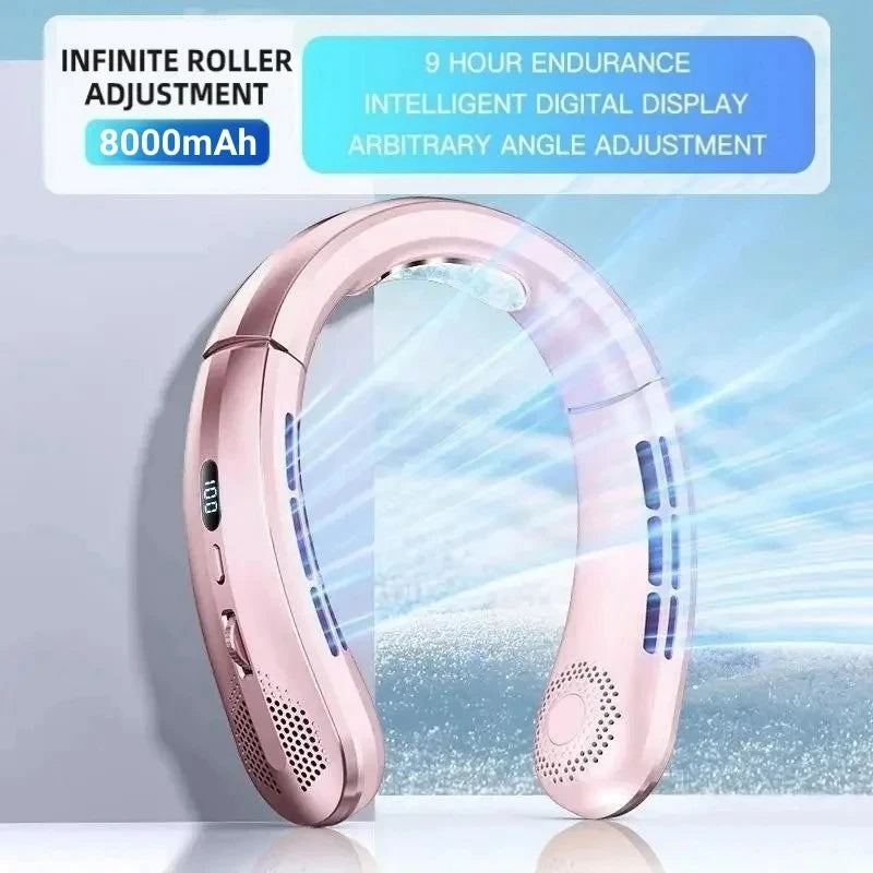 Portable Bladeless Neck Fan 8000Mah Rechargeable LED Digital Display Air Cooler