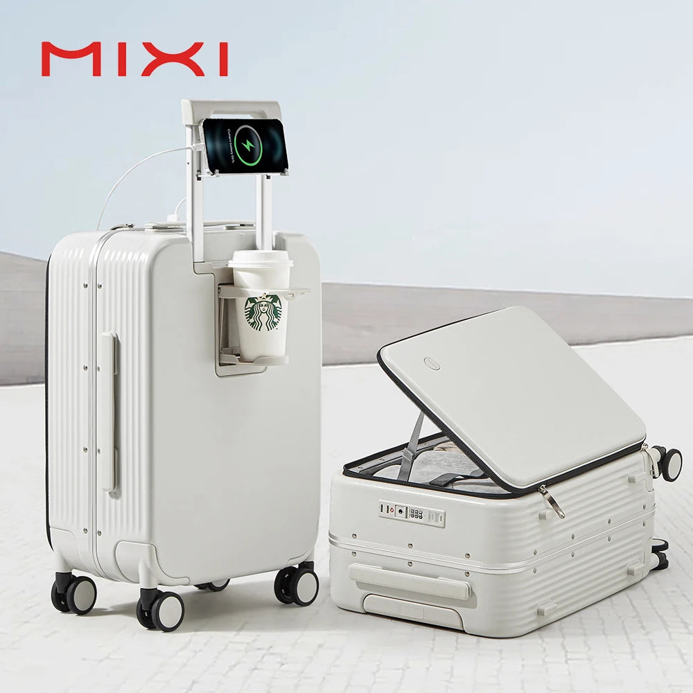 New Aluminum Frame Suitcase Carry on Rolling Luggage with USB Port Boarding Cabin Cup and Phone Holder 20 24 Inch