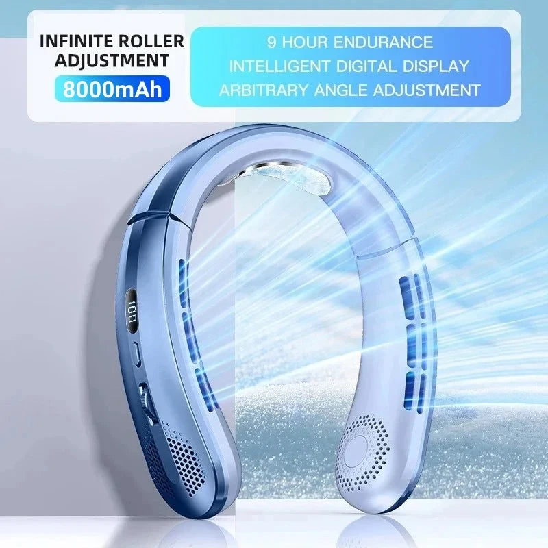 Portable Bladeless Neck Fan 8000Mah Rechargeable LED Digital Display Air Cooler