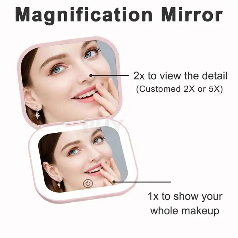 Compact Vanity Folding Led Lights Portable Hand Held Pocket Makeup Mirror 2X Magnifying