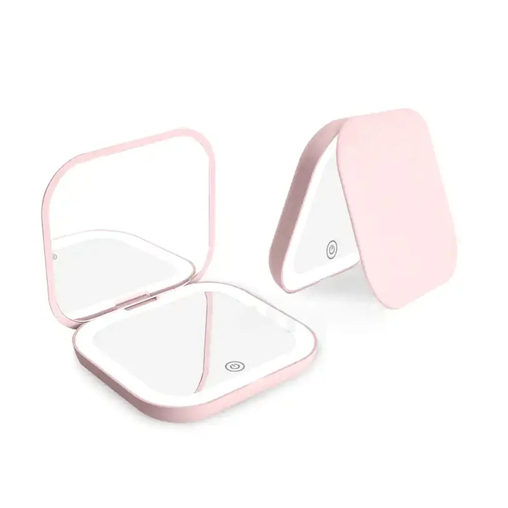 Compact Vanity Folding Led Lights Portable Hand Held Pocket Makeup Mirror 2X Magnifying