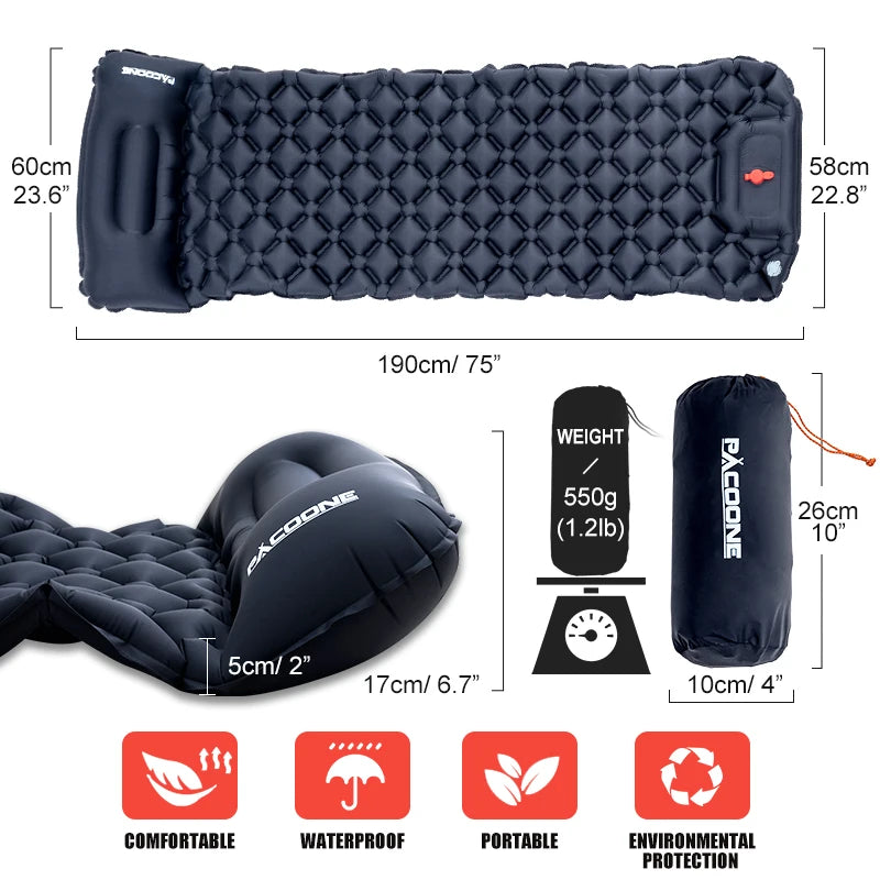 Outdoor Camping Sleeping Pad Inflatable Mattress with Pillows Ultralight Air Mat with Built-In Inflator Pump