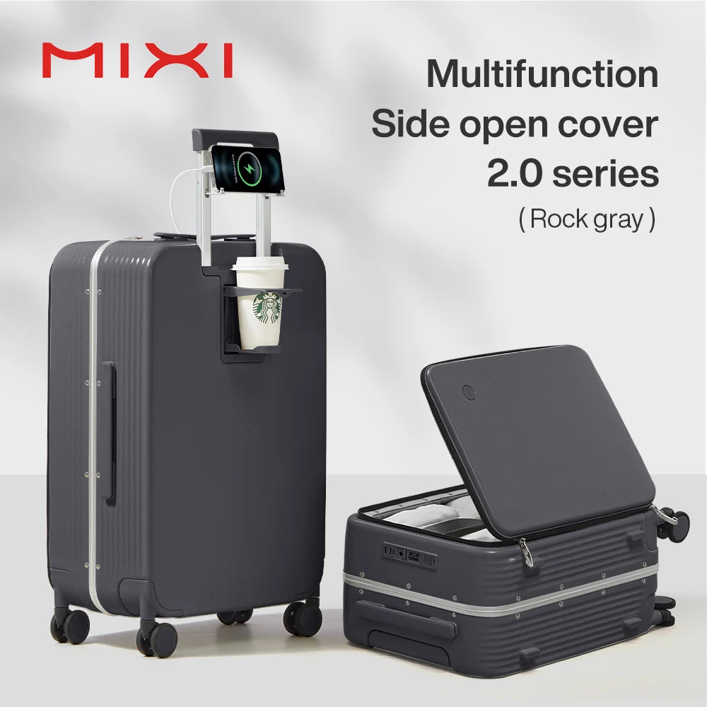 New Aluminum Frame Suitcase Carry on Rolling Luggage with USB Port Boarding Cabin Cup and Phone Holder 20 24 Inch