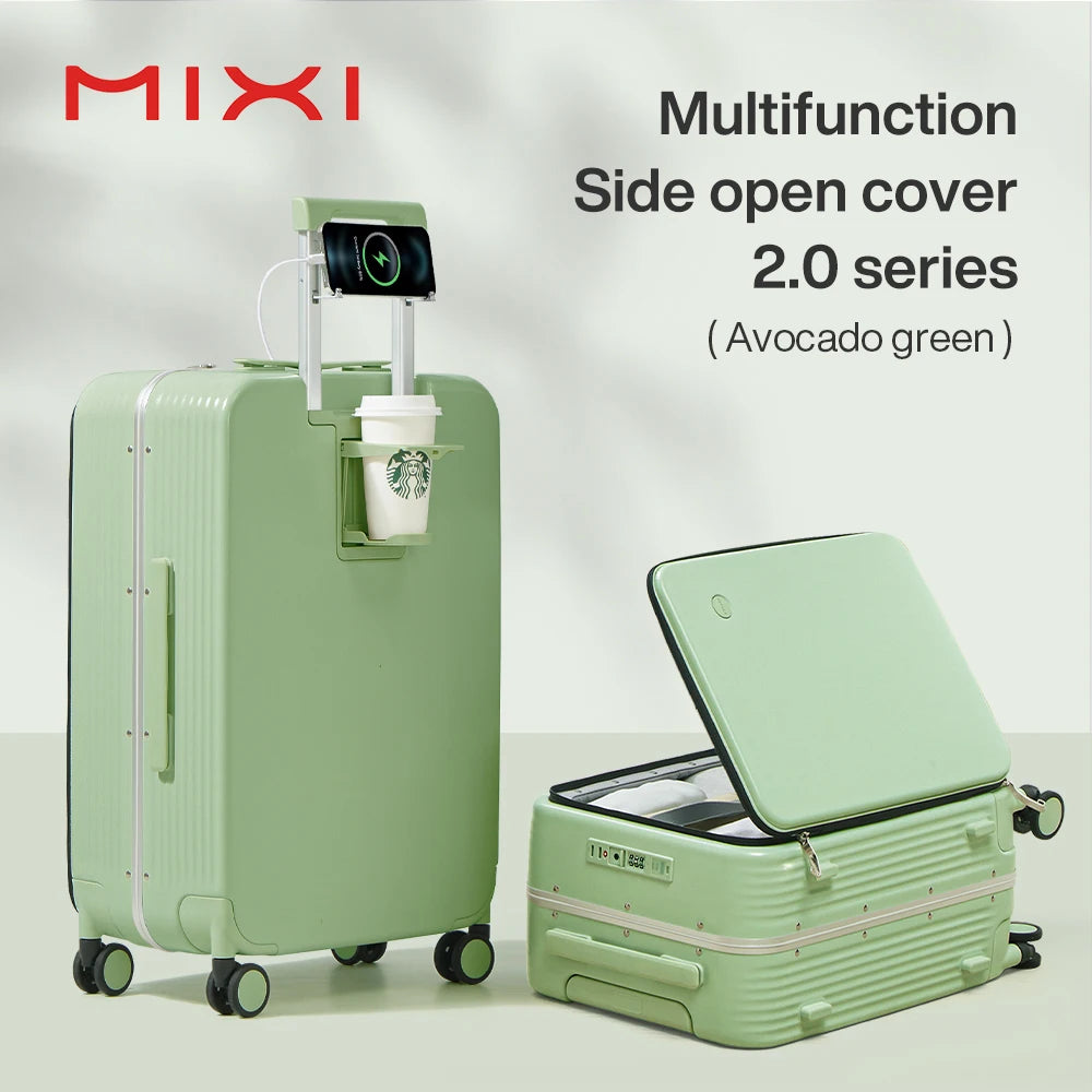 New Aluminum Frame Suitcase Carry on Rolling Luggage with USB Port Boarding Cabin Cup and Phone Holder 20 24 Inch