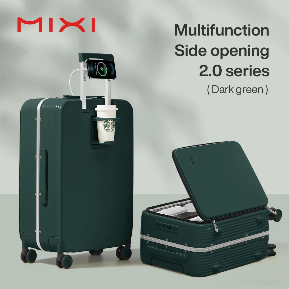 New Aluminum Frame Suitcase Carry on Rolling Luggage with USB Port Boarding Cabin Cup and Phone Holder 20 24 Inch