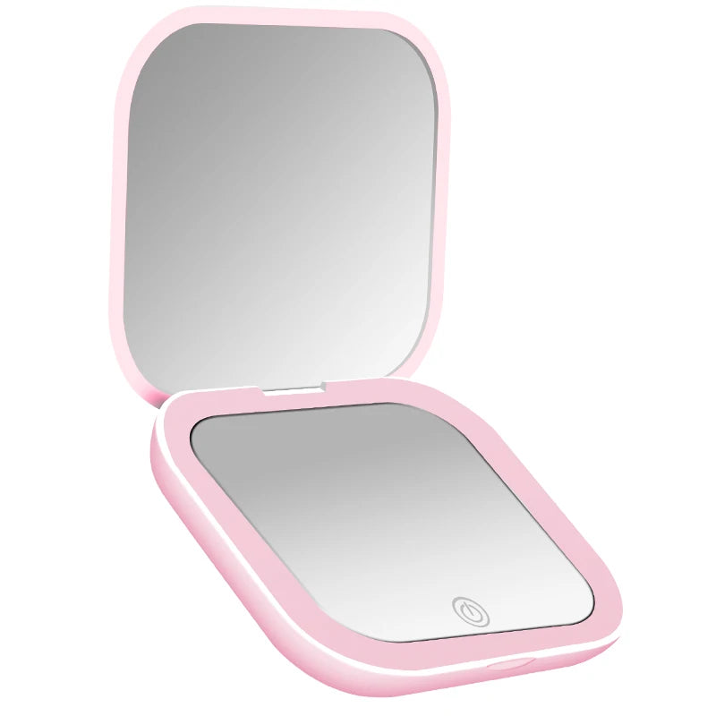 Compact Vanity Folding Led Lights Portable Hand Held Pocket Makeup Mirror 2X Magnifying