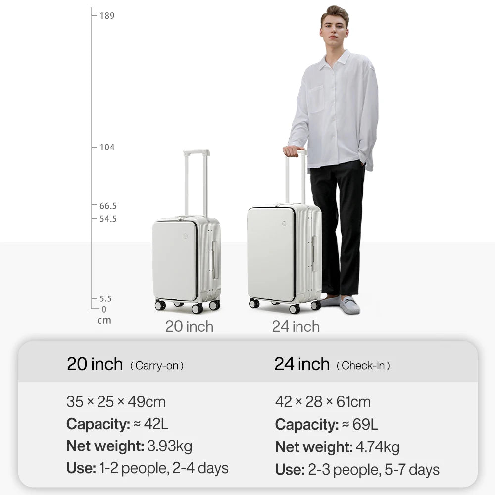 New Aluminum Frame Suitcase Carry on Rolling Luggage with USB Port Boarding Cabin Cup and Phone Holder 20 24 Inch
