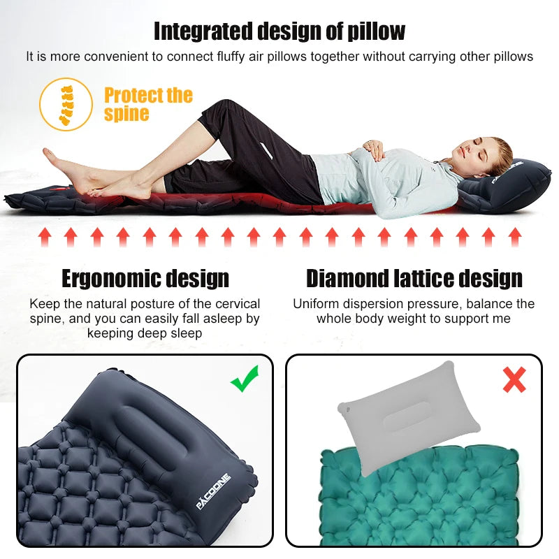 Outdoor Camping Sleeping Pad Inflatable Mattress with Pillows Ultralight Air Mat with Built-In Inflator Pump
