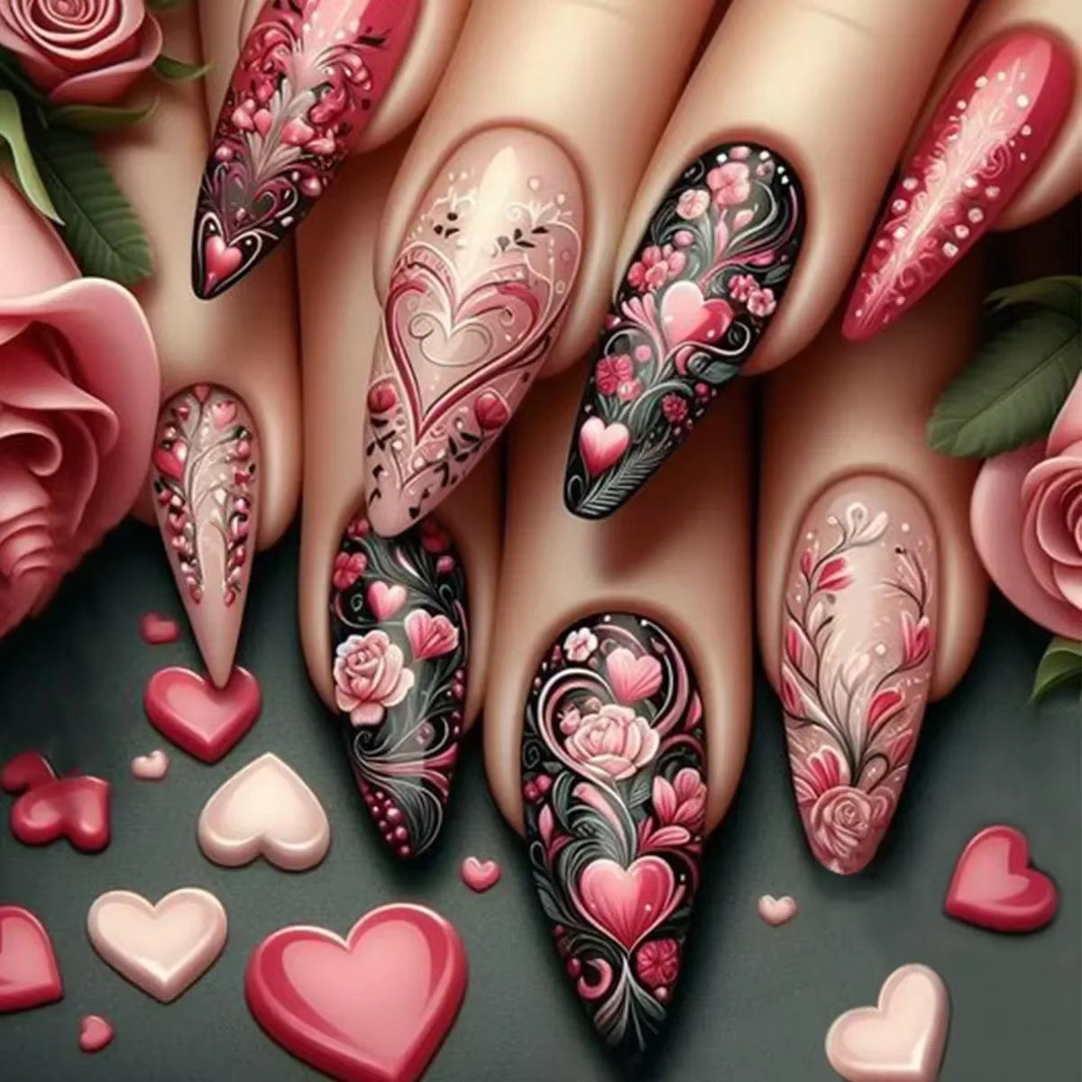 Matte Almond Nails with Elegant Rose Leaf Design