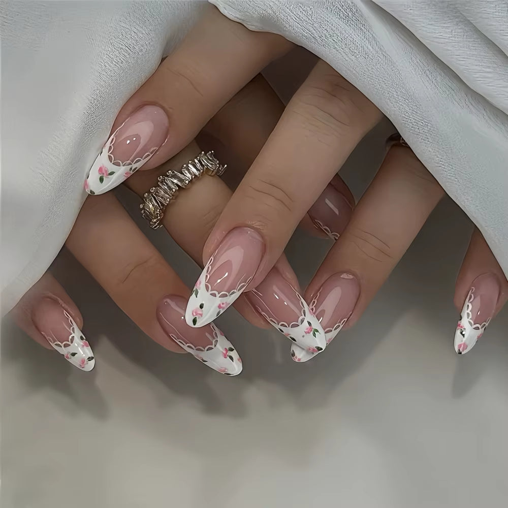 Matte Almond Nails with Elegant Rose Leaf Design