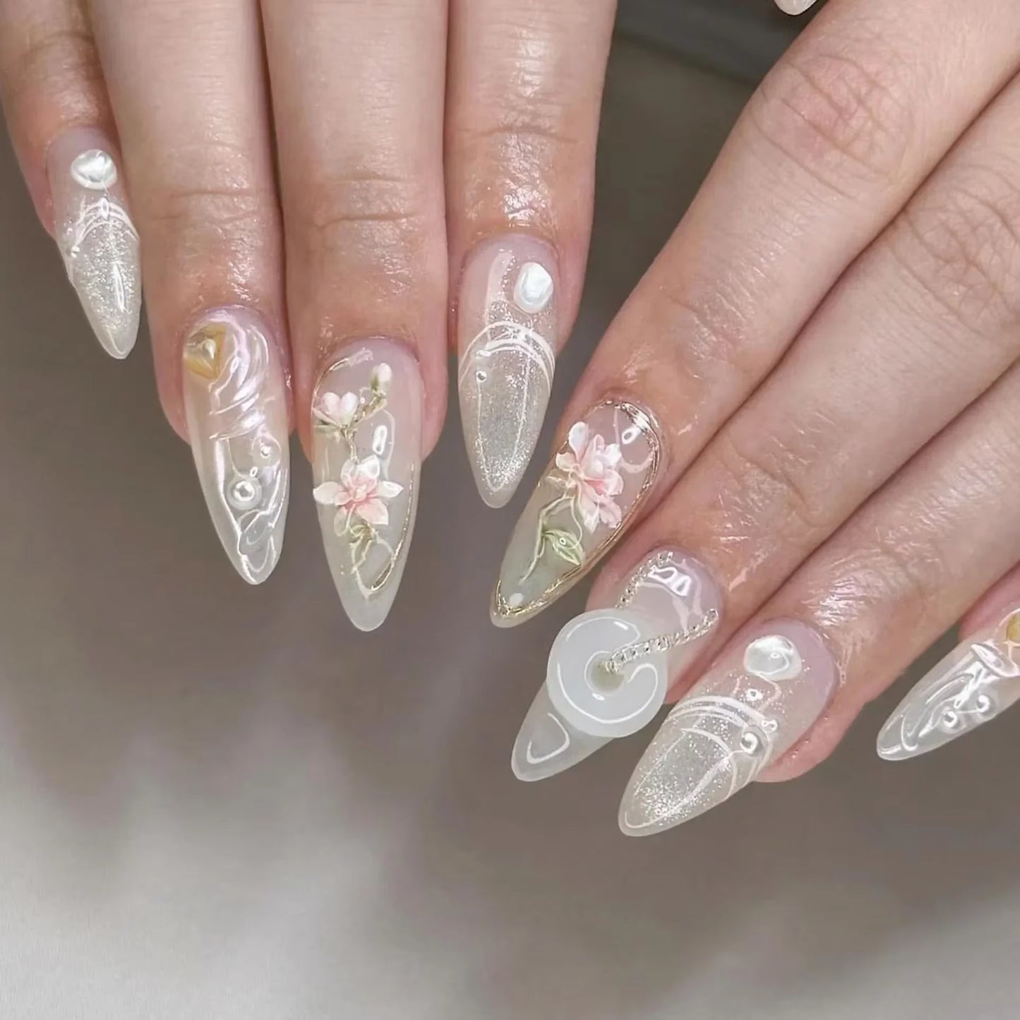 Matte Almond Nails with Elegant Rose Leaf Design