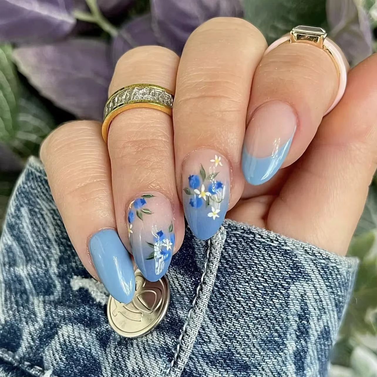 Matte Almond Nails with Elegant Rose Leaf Design