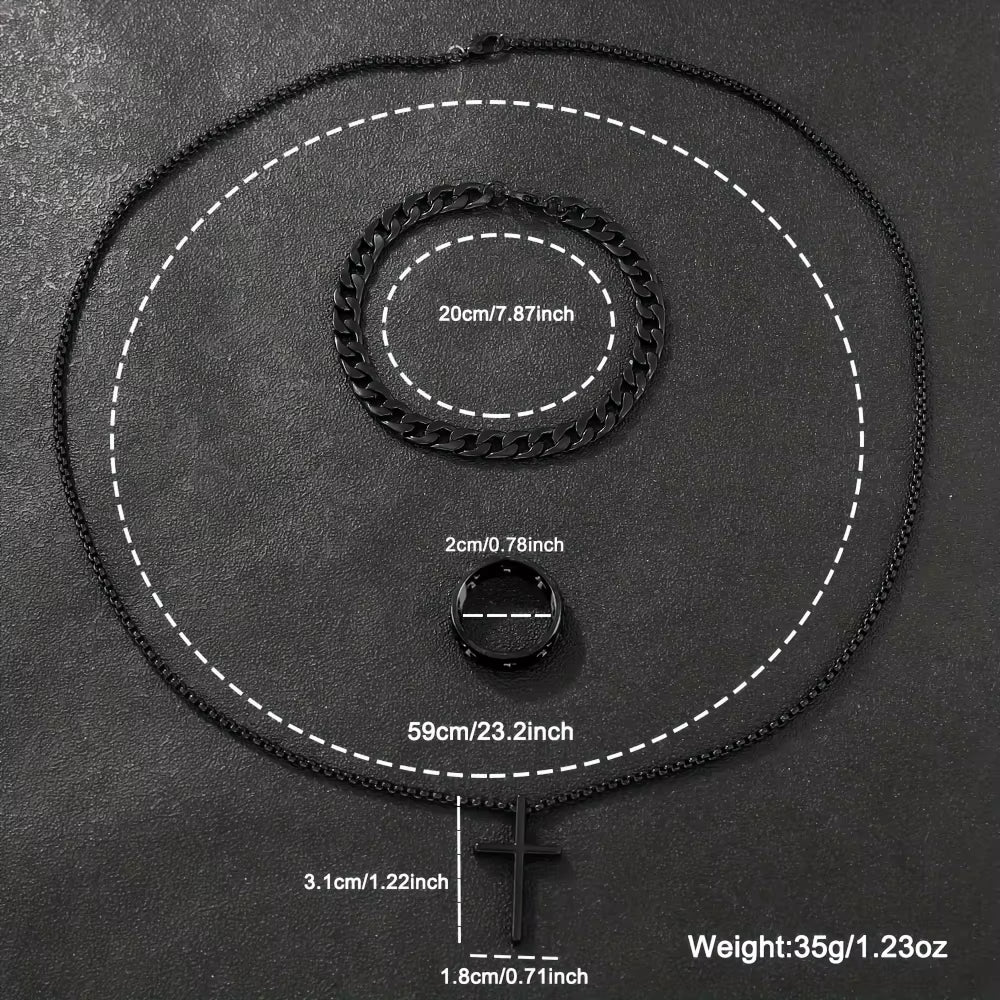 3Pcs Alloy Cross Necklace Bracelet & Ring Set