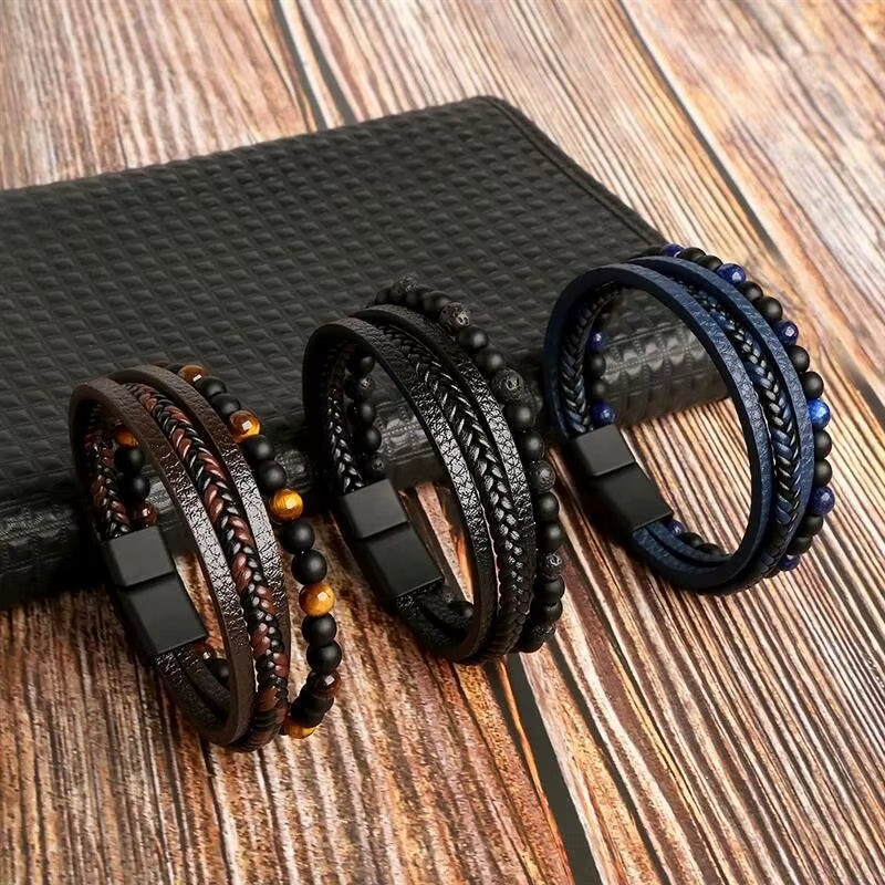 Tiger Eye Beaded Multi Layer Leather Bracelet