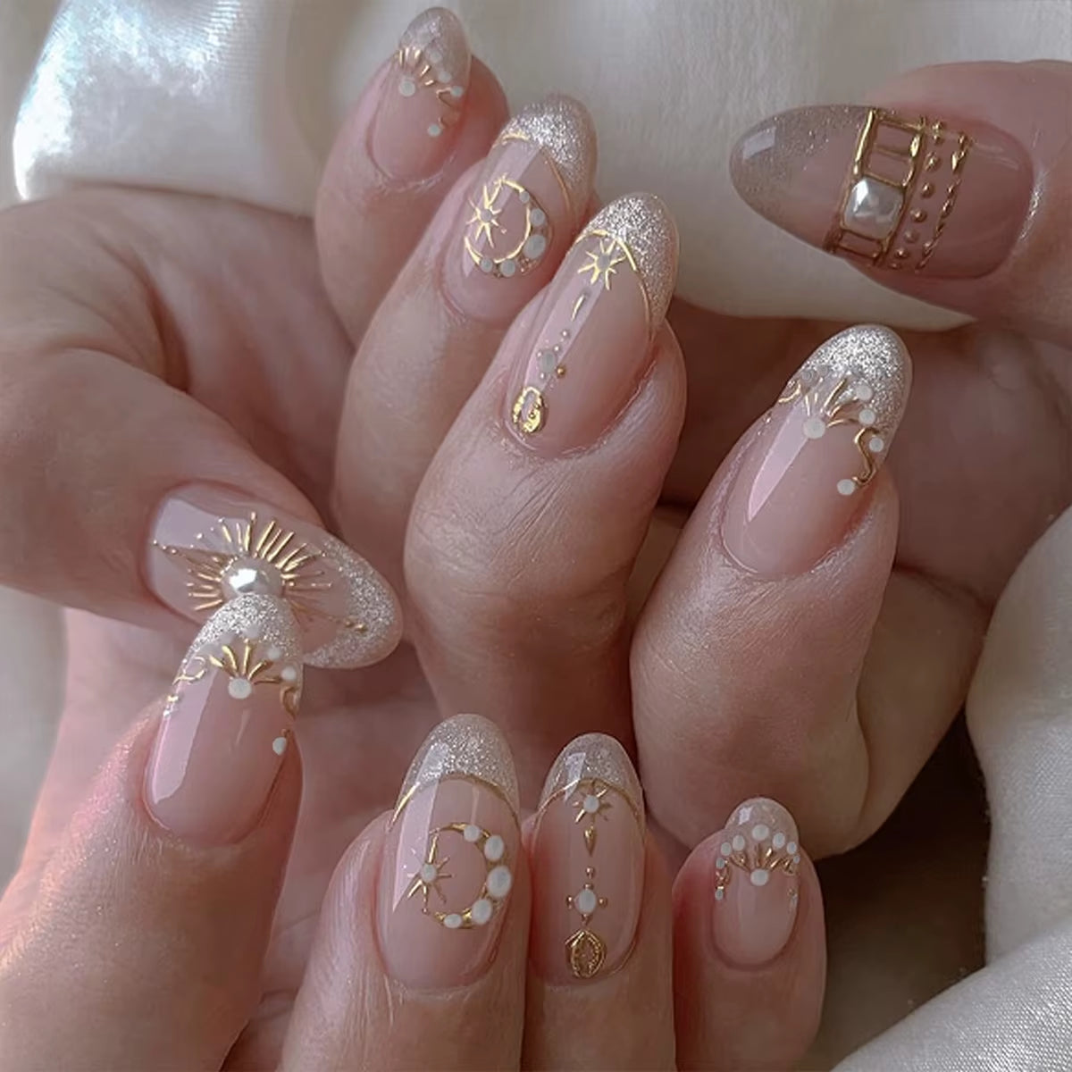 Metallic Cat Eye French Press On Nails Nude Pink Almond
