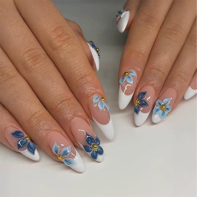 Matte Almond Nails with Elegant Rose Leaf Design