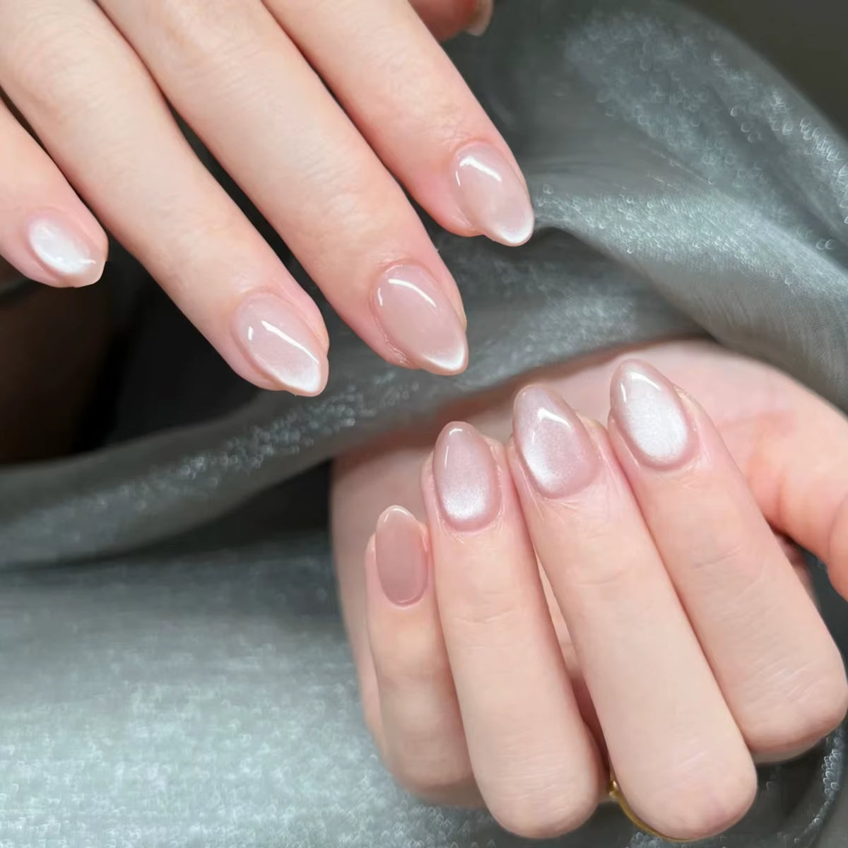 Metallic Cat Eye French Press On Nails Nude Pink Almond