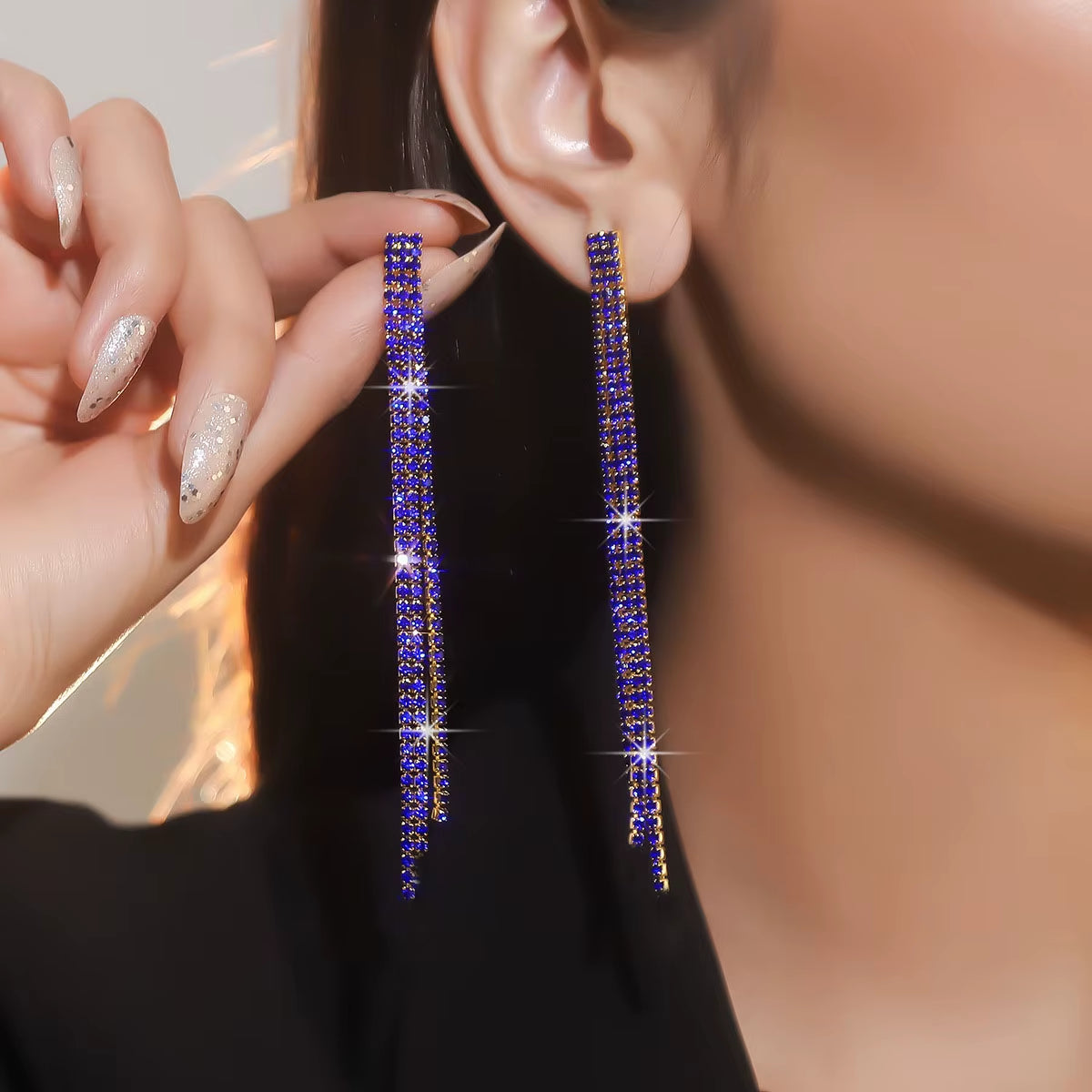Shiny Rhinestone Crystal Tassel Long Earrings