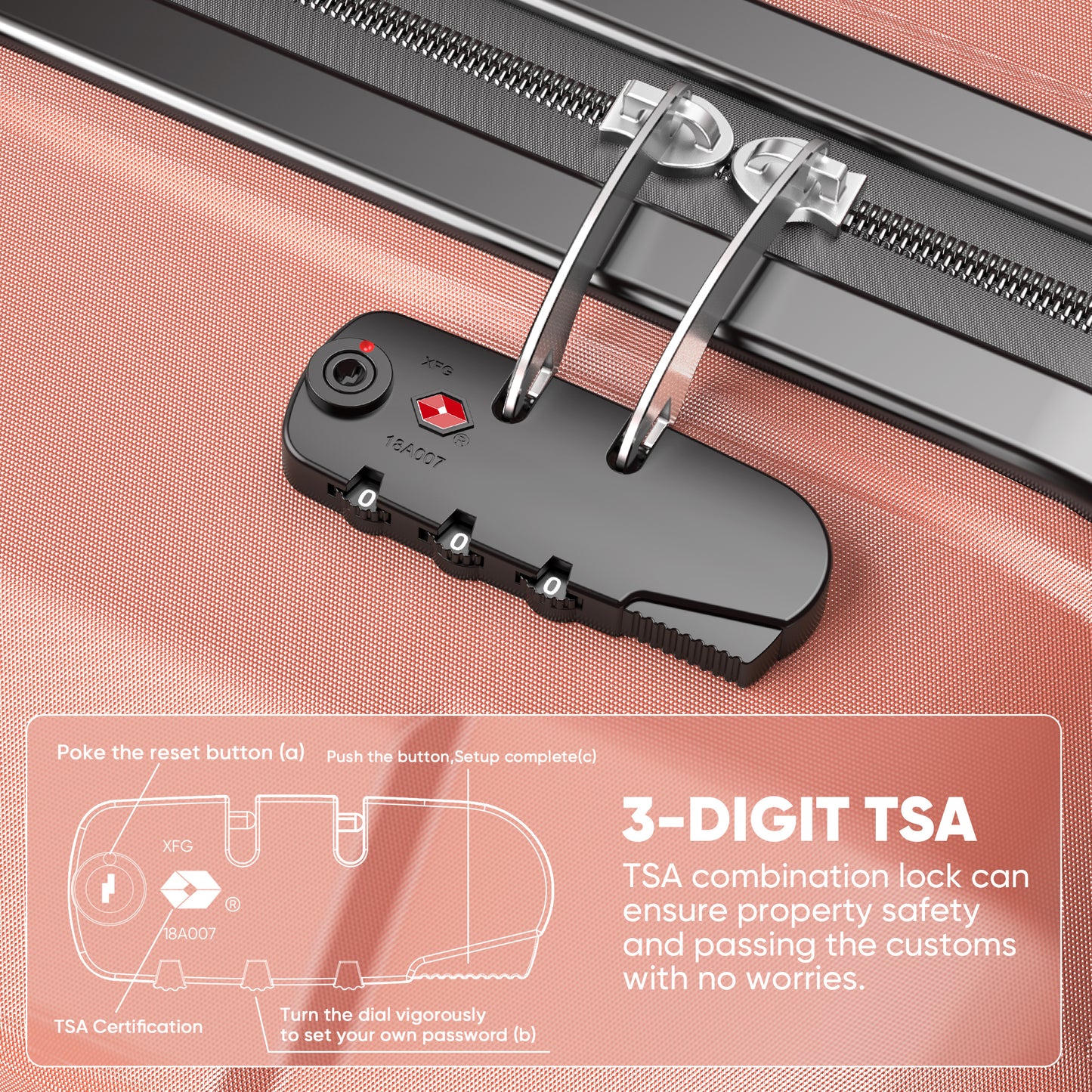 3 Piece Suitcase Luggage Set - Rose Gold