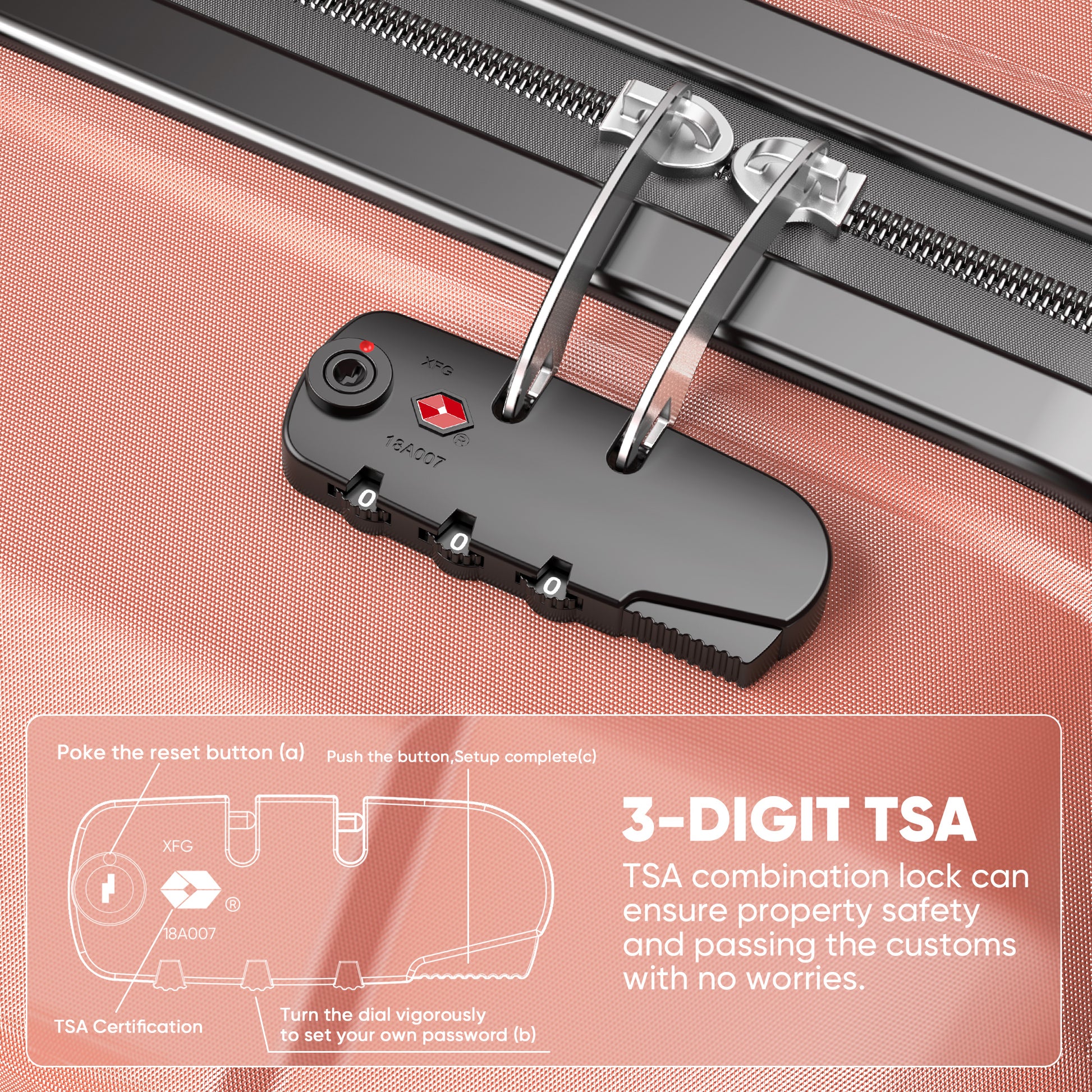 3 Piece Suitcase Luggage Set - Rose Gold