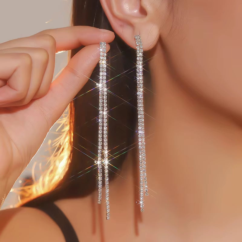 Shiny Rhinestone Crystal Tassel Long Earrings