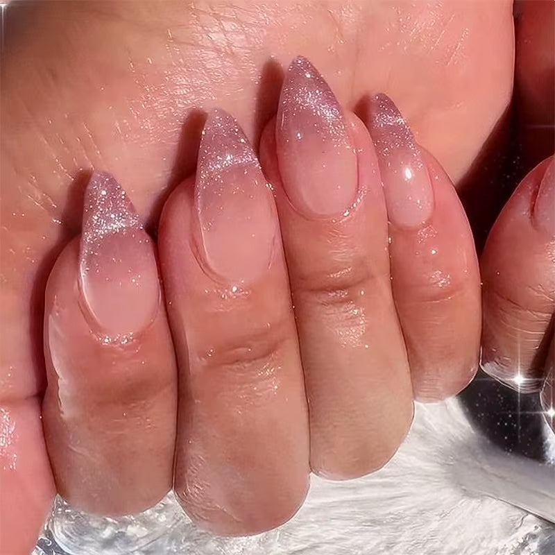 Metallic Cat Eye French Press On Nails Nude Pink Almond