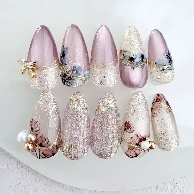 Matte Almond Nails with Elegant Rose Leaf Design