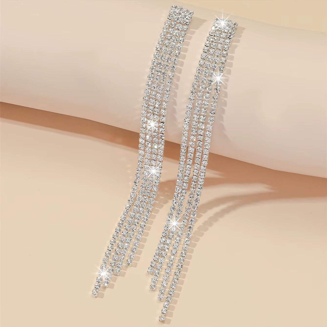 Shiny Rhinestone Crystal Tassel Long Earrings