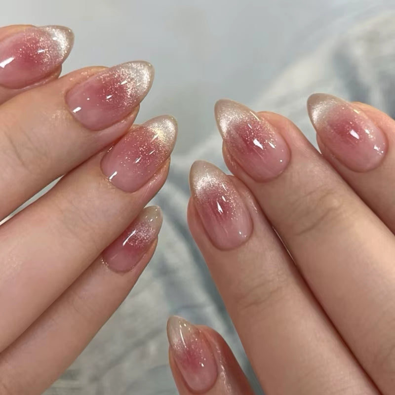 Metallic Cat Eye French Press On Nails Nude Pink Almond