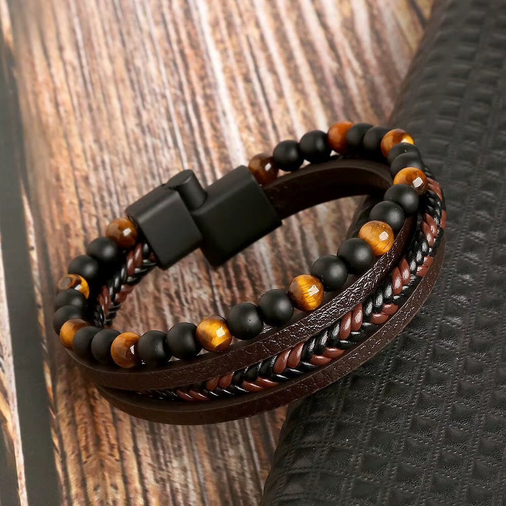 Tiger Eye Beaded Multi Layer Leather Bracelet