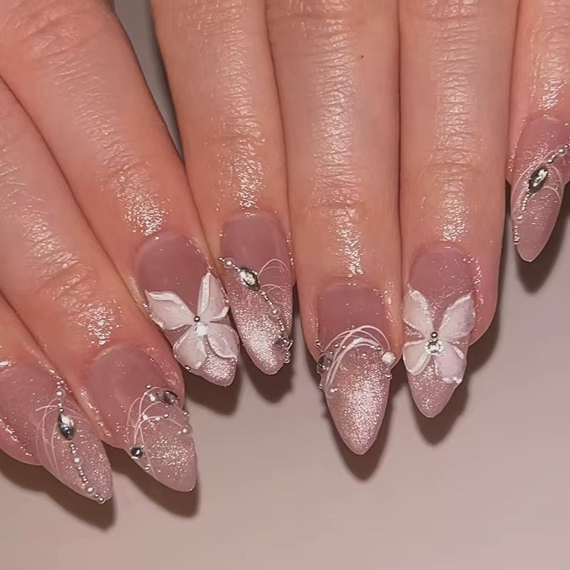 Matte Almond Nails with Elegant Rose Leaf Design