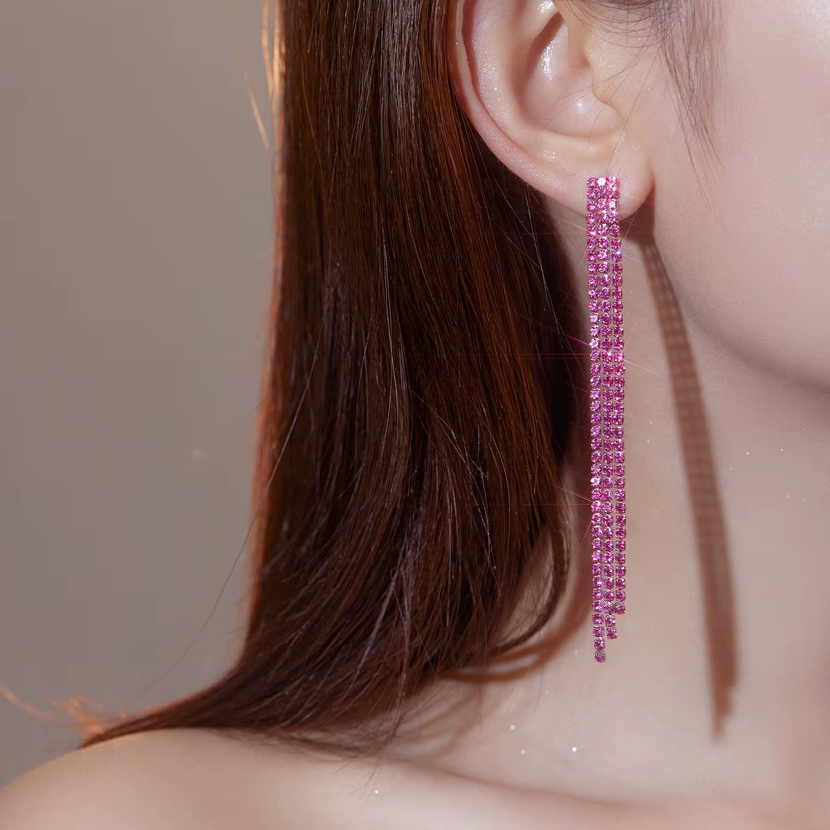 Shiny Rhinestone Crystal Tassel Long Earrings