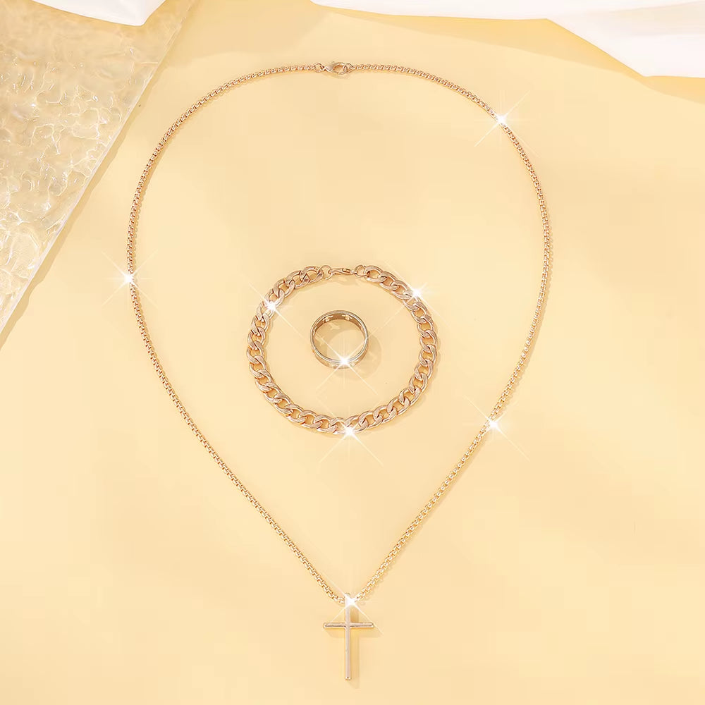 3Pcs Alloy Cross Necklace Bracelet & Ring Set