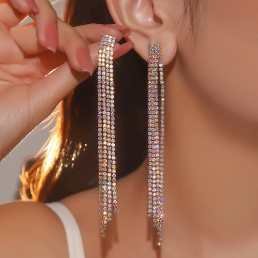 Shiny Rhinestone Crystal Tassel Long Earrings