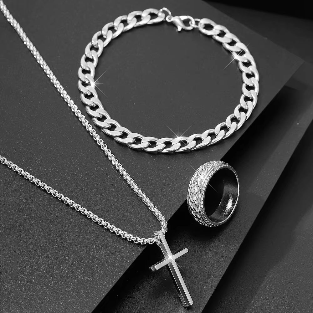 3Pcs Alloy Cross Necklace Bracelet & Ring Set