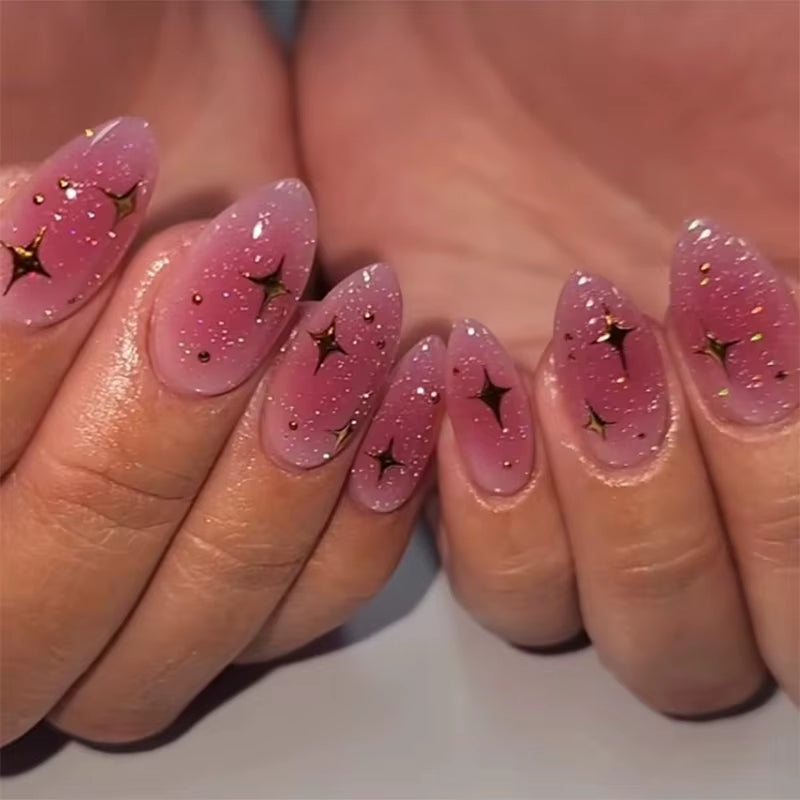 Metallic Cat Eye French Press On Nails Nude Pink Almond