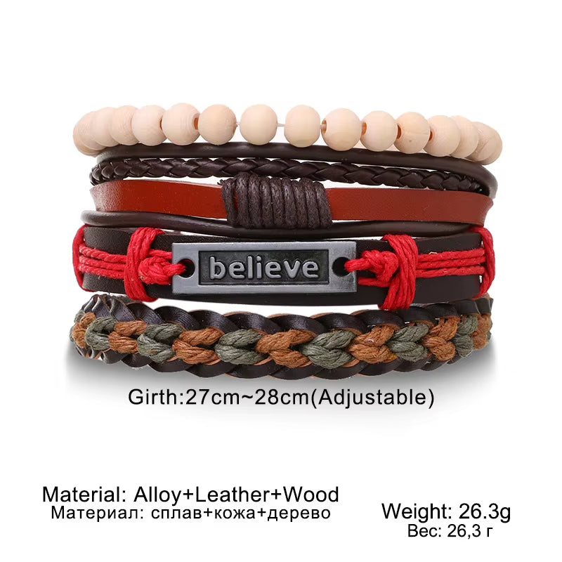 4Pcs Set Braided Wrap Leather Bracelets