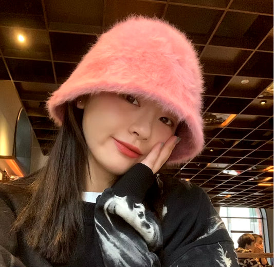 Women Bucket Fur Hat Solid Color Knitted Wool