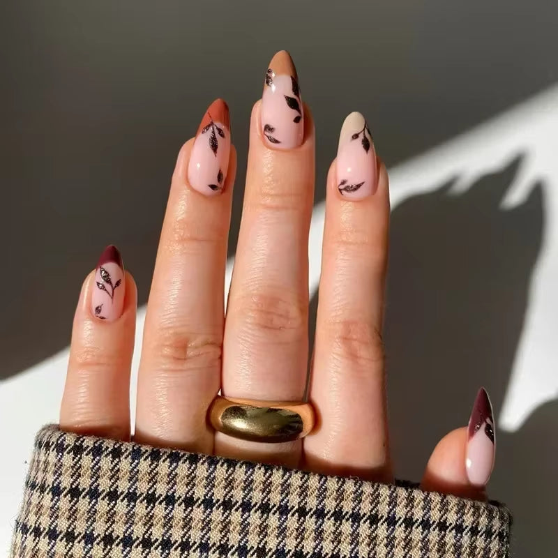 Matte Almond Nails with Elegant Rose Leaf Design