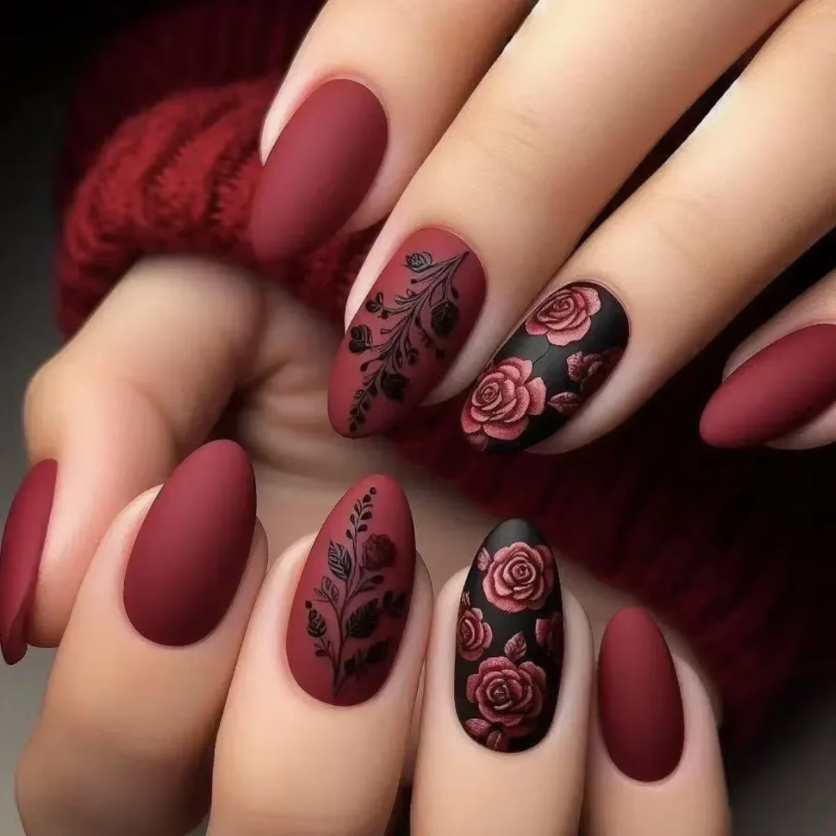 Matte Almond Press-On Nails with Rose Leaf Print - Autumn Winter Collections