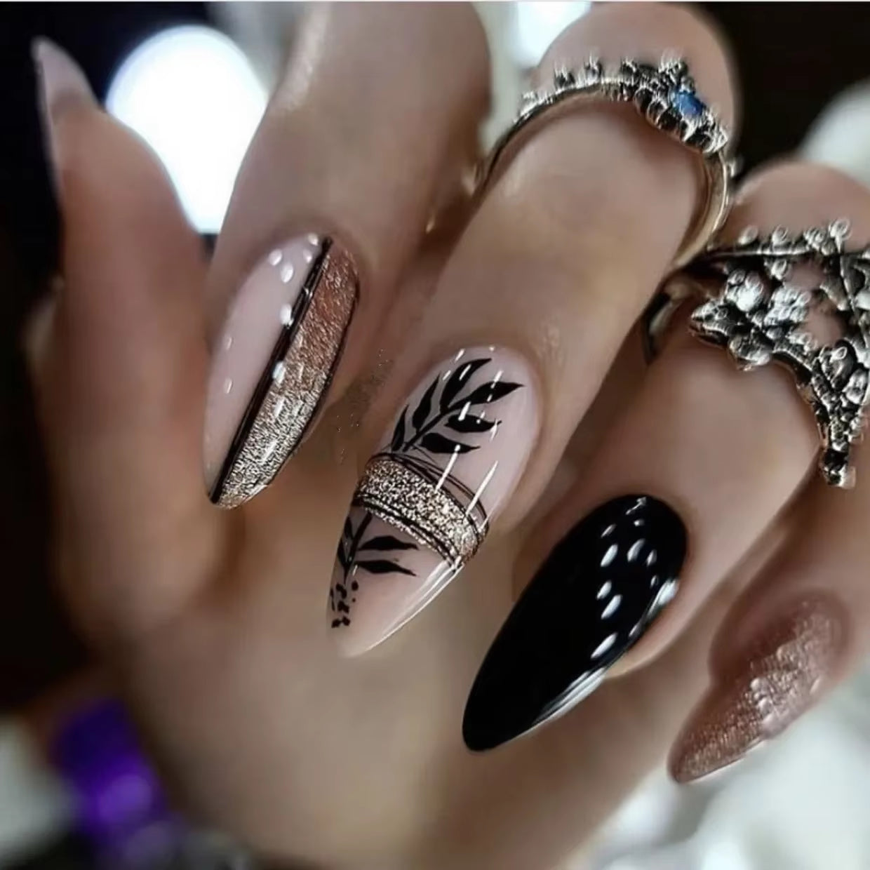 Matte Almond Nails with Elegant Rose Leaf Design