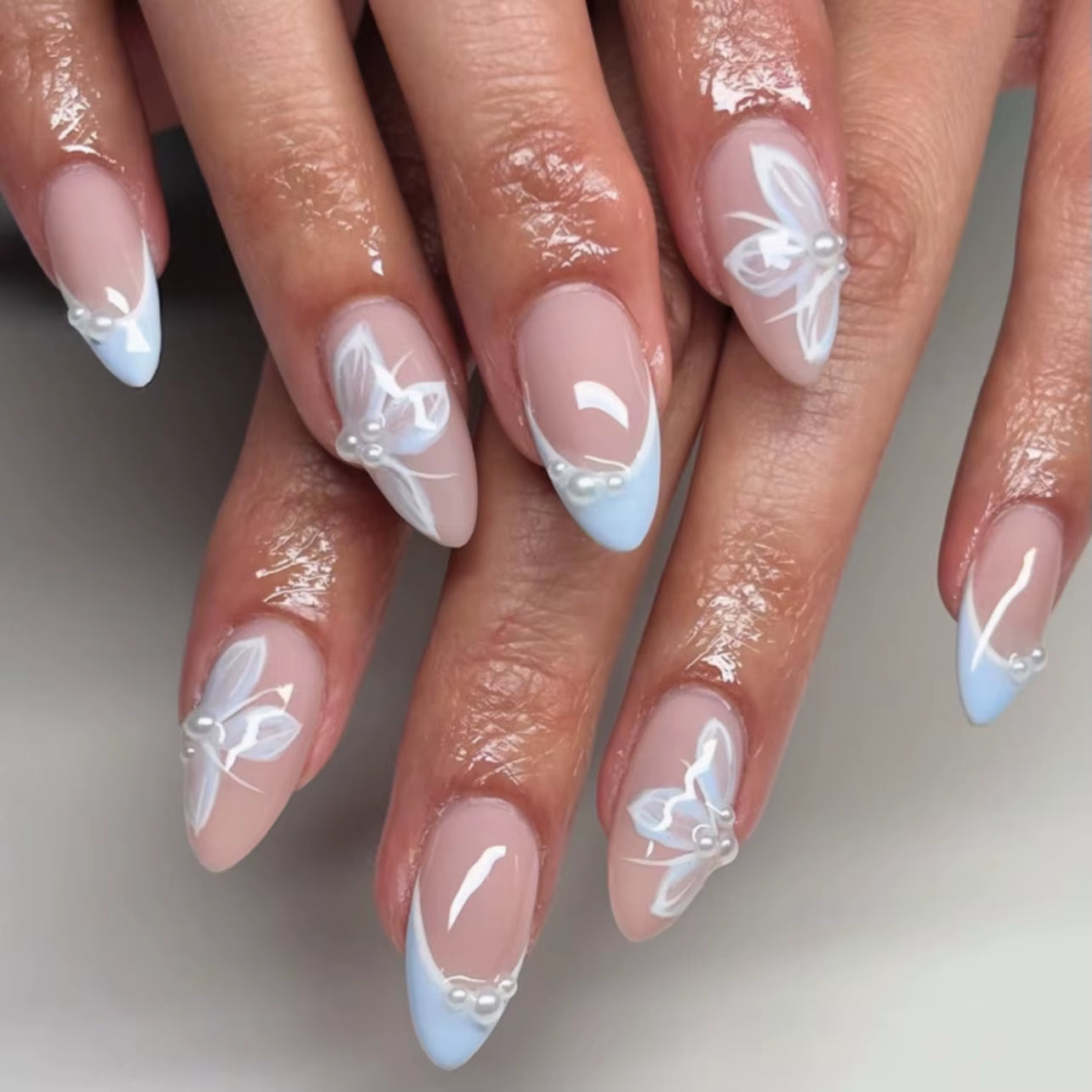 Matte Almond Nails with Elegant Rose Leaf Design