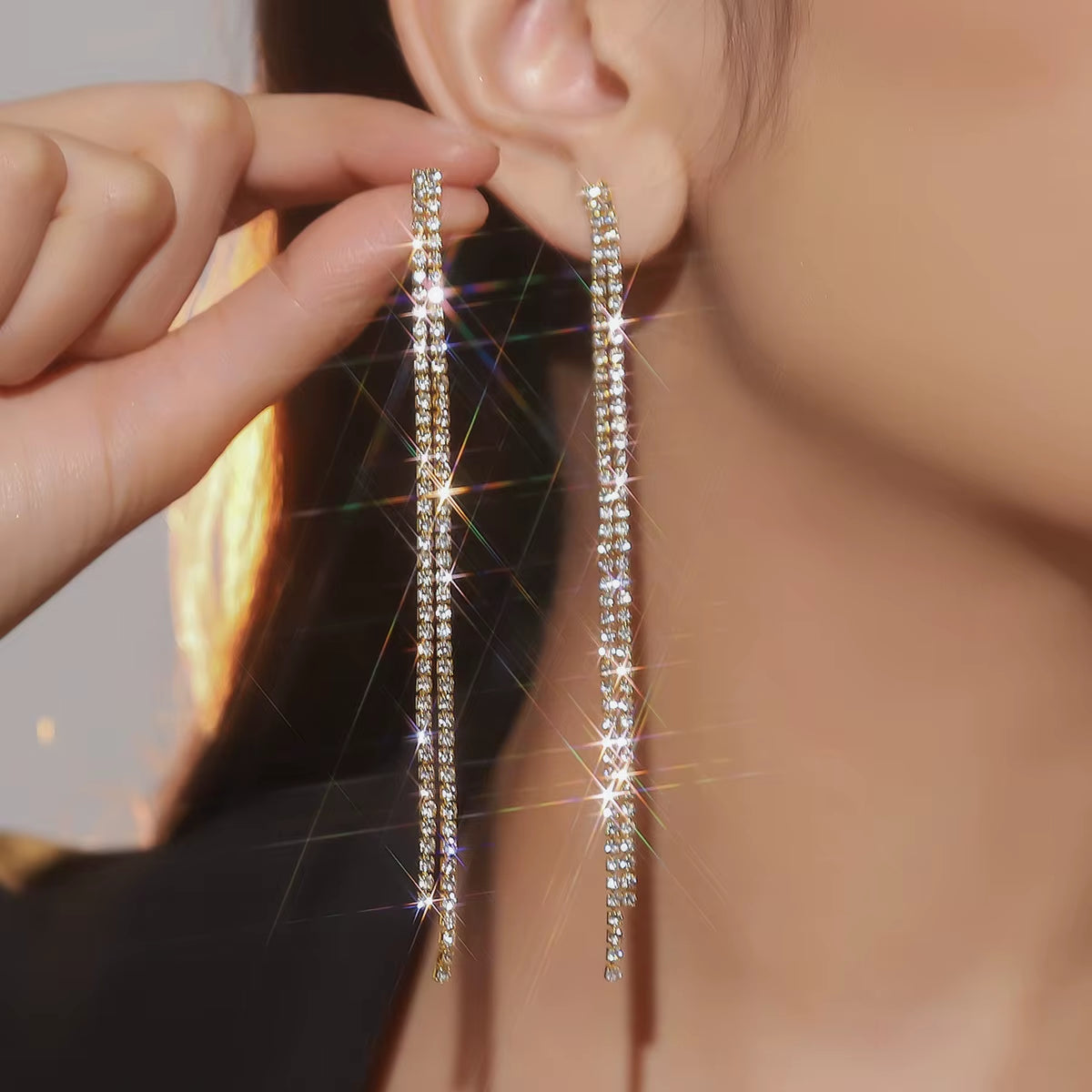 Shiny Rhinestone Crystal Tassel Long Earrings