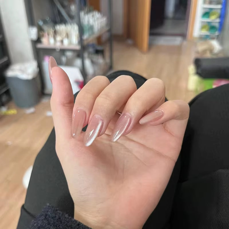 Metallic Cat Eye French Press On Nails Nude Pink Almond