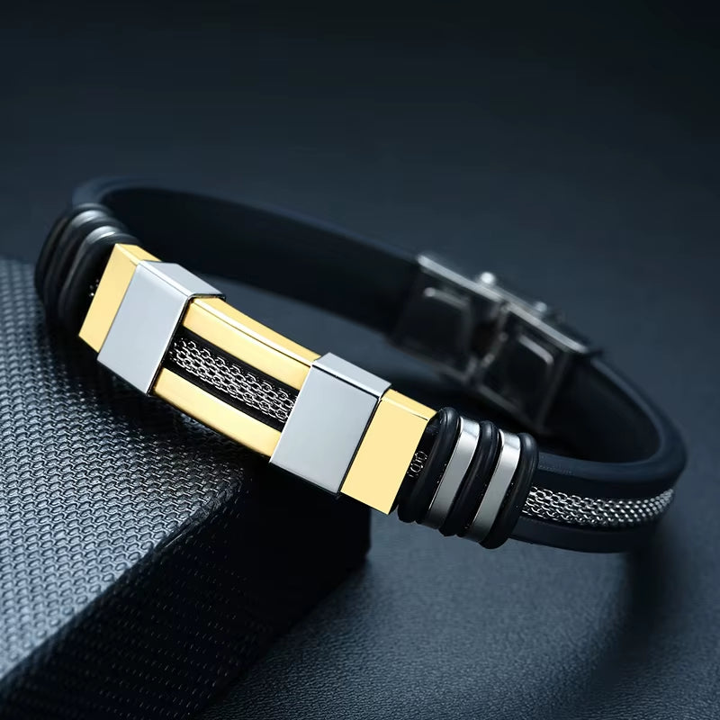 Black Grooved Silicone Stainless Steel Wrist Band